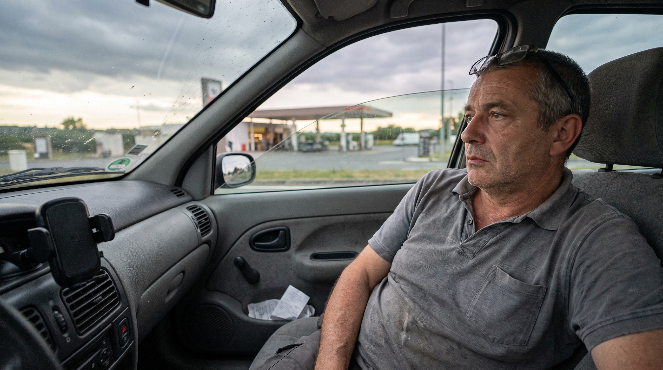 Homme d'une soixantaine d'années seul dans sa voiture